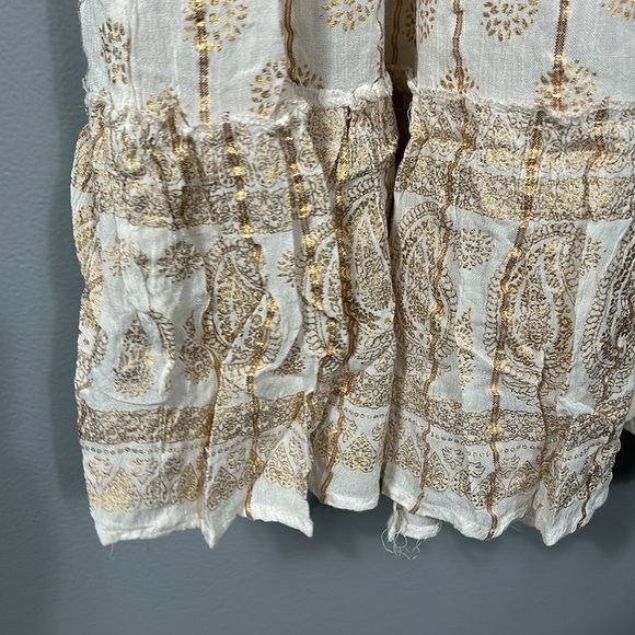 Me 2 Magic Cream over Gold Print V-neck Ruched Back Layered Skirt Maxi Dress M - Picture 17 of 17